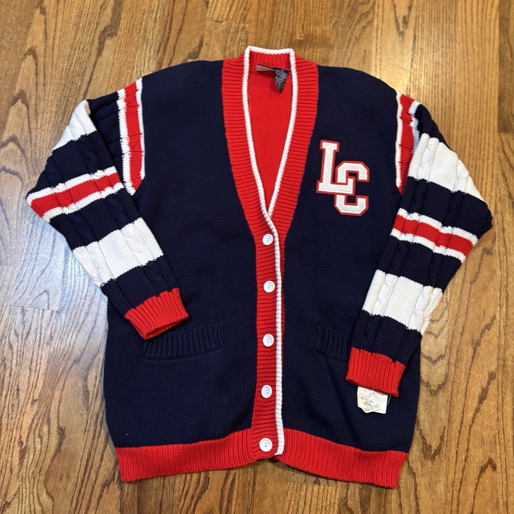 Vintage 90s‎ Lizsport Varsity Cardigan Sweater LC Red Navy Striped NWT Medium